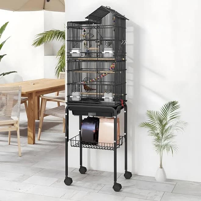 Uforic 62" Large Metal Bird cage with Rolling Stand, Slide-Out Tray,3 Perches and 4 Feeders