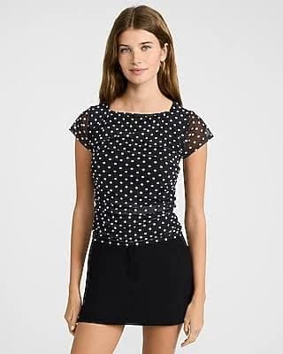 Express Women's Polka Dot Mesh Cap Sleeve Ruched T-Shirt