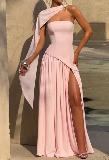 Pink Strapless Sheath Chiffon Long Prom Dresses With Slit