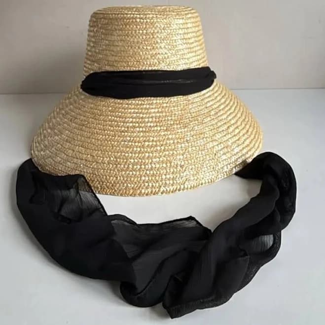 Straw Boater Hat with White Ribbon Tie