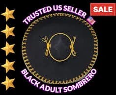 Adult Black Charro Sombrero: Gold Trim, Mexican Fiesta Hat