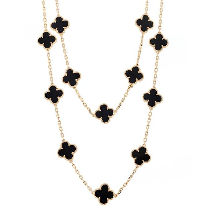 Van Cleef & Arpels 18K Yellow Gold Black Onyx 20 Motifs Vintage Alhambra Necklace