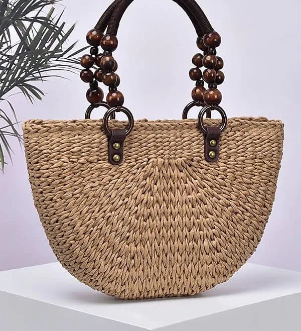 Handmade Woven Straw Tote Bag with Wooden Bead Handles
