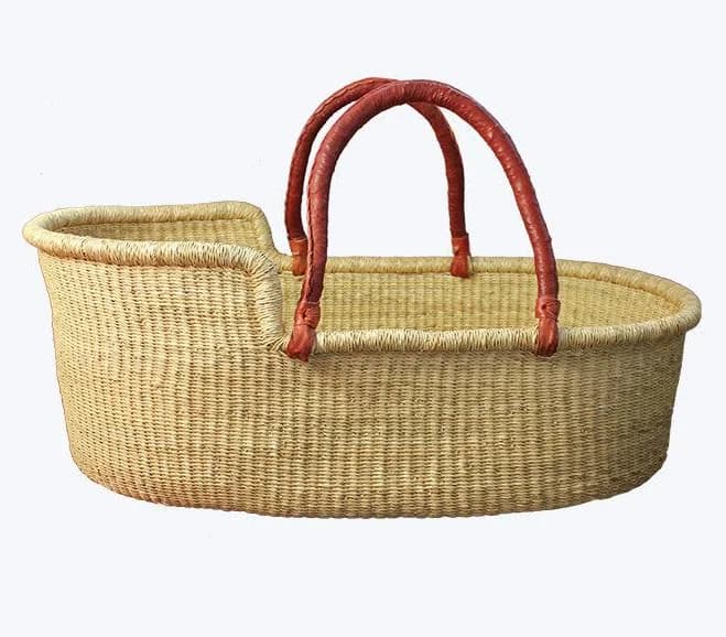 Handwoven Moses Basket with Leather Handles Natural