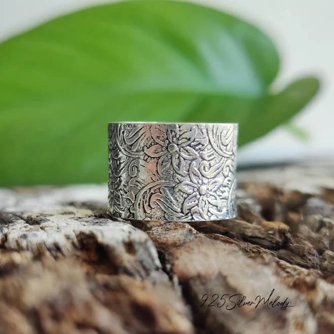Sterling Silver Flower Wide Band Statement Ring