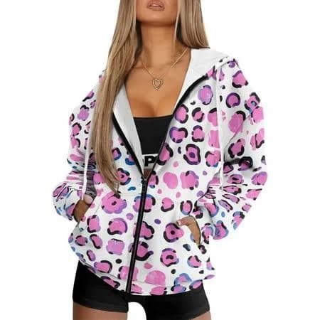 Renewold Pink Leopard Print Womens Oversized Hoodies Zip Up Fleece Jackets Sweatshirts Hooded Sweaters Long Sleeve Pullover Jackets