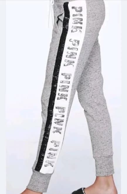 Vs Pink Bling Skinny Jogger Small Snowy Grey W/velvet Glitter Striped