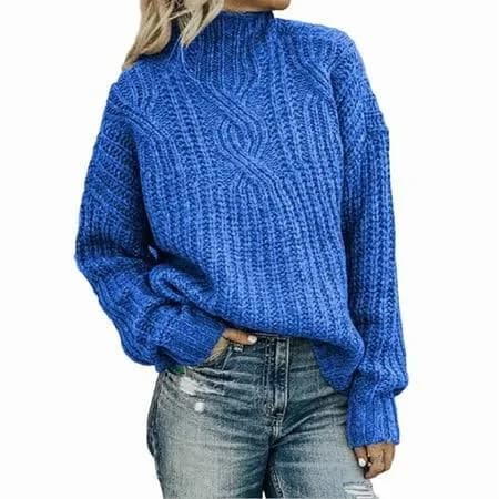 Women Oversized Chunky Knit Jumper | High Neck Long Sleeve Sweater, Blue / S