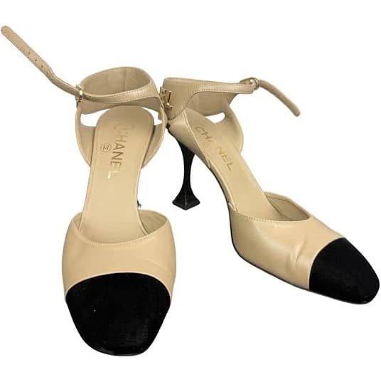 CHANEL Cap-Toe Slingback Heels with Gold Logo