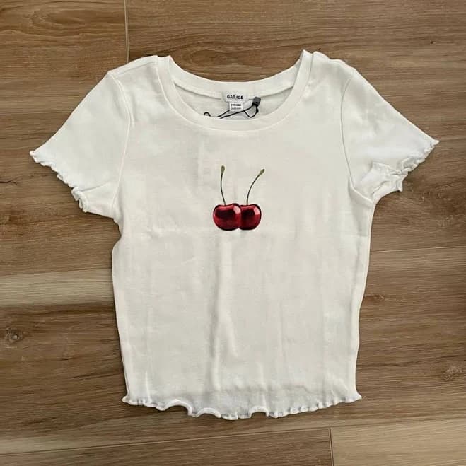 Garage Cherry Crop Lettuce Edge Tee XXS - New Women | Color: White | Size: XXS