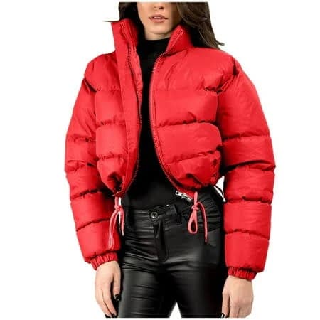 Ryrjj Women Quilted Down Jacket Stand Collar Long Sleeve Zip Up Cropped Puffer Jackets Warm Winter Short Coats Outwear(Red,L), Women's, Size: Large
