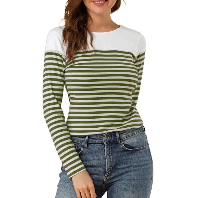 Allegra K Women's Blouse Color Block Long Sleeve Striped Causal T-Shirt