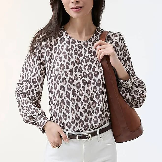Ann Taylor Women's Animal Print Linen Crew Neck Blouse