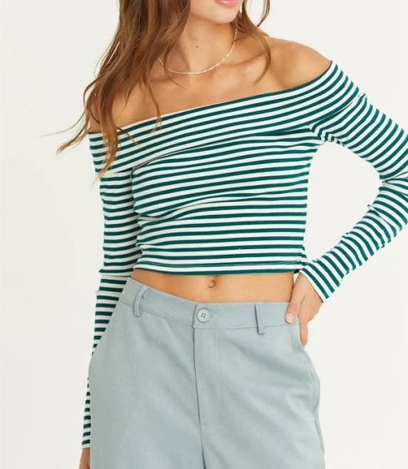 Off-The-Shoulder Striped Knit Crop Top