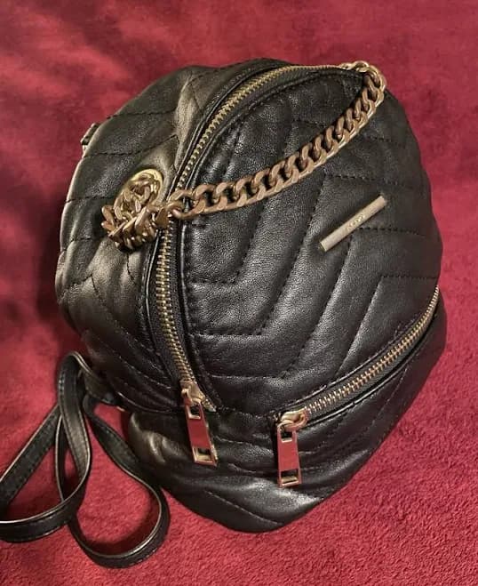 Aldo Quilted Faux Leather Mini Black Backpack W/ Gold Hardware, Chain