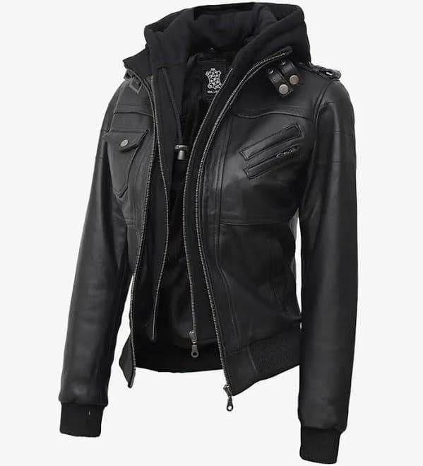Women's Leather Bomber Jacket with Hood