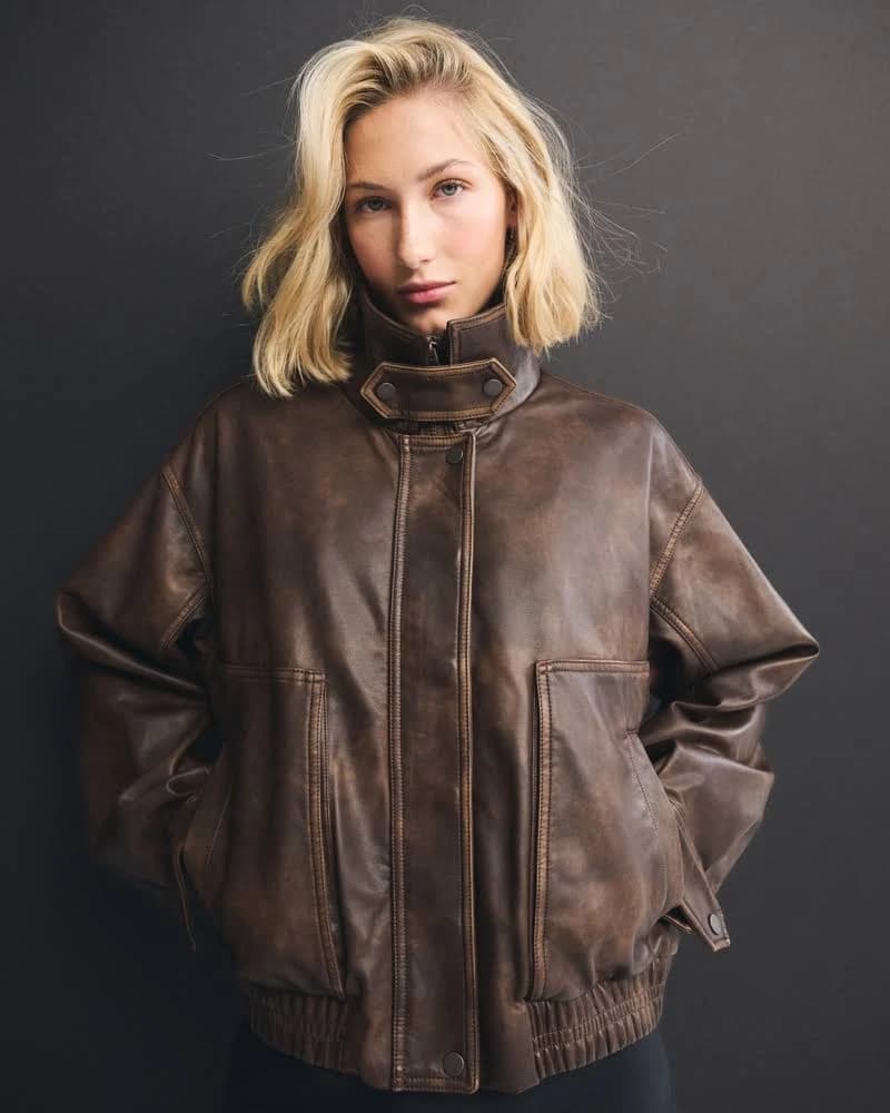 Abercrombie & Fitch Women's Funnel Neck Vegan Leather Bomber Jacket