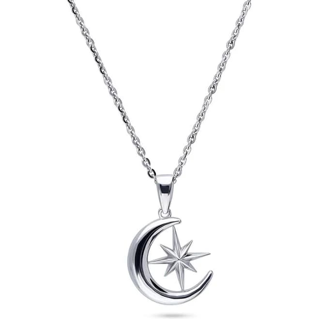 Sterling Silver Crescent Moon North Star Pendant Necklace