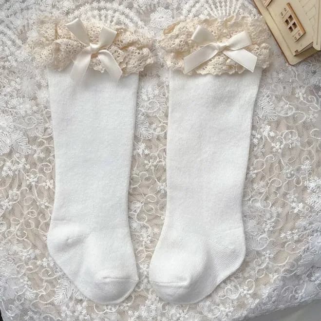 Girls Knee High Socks Love Heart Floral Lace Ruffle Trim Stretchy Soft Breathable Long Stockings