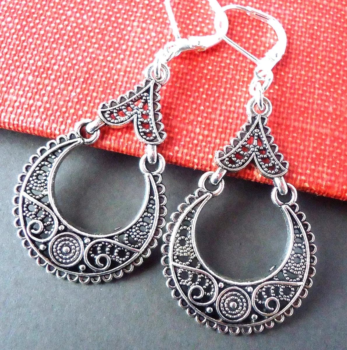 Hammered Silver Filigree Hoop Dangle Earrings