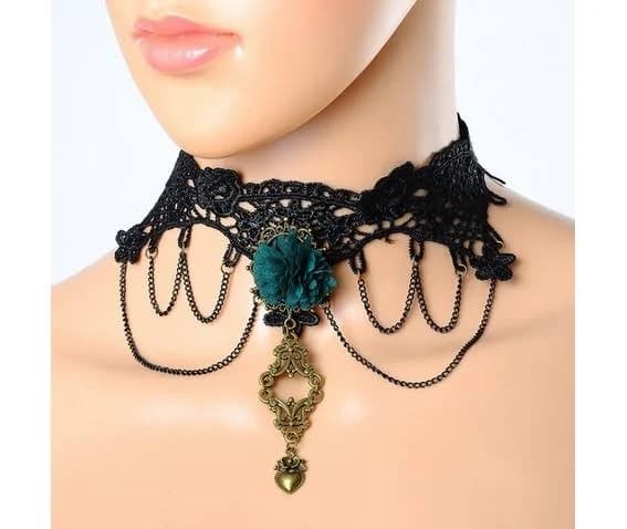 Vintage Look Black Lace Fashion Gothic Choker Green Flower