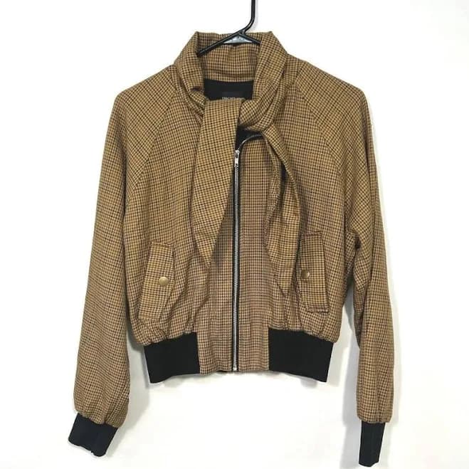 Brown Plaid Bomber Jacket, Zip Front, Ribbed Cuffs, M, Forever 21