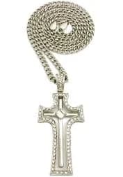 Stone Stud Double Cross Pendant with 5mm 24" Cuban Chain Necklace, Silver-Tone