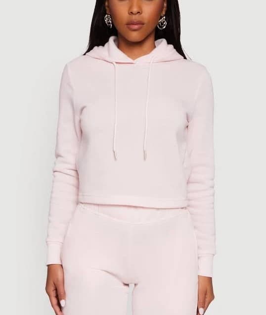 Womens Fleece Lined Cropped Pullover Hooded Sweatshirt, Pink, Size M - Rainbow Shops