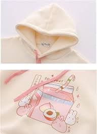 Kawaii Bunny Hoodie Teens Lolita Hooded Sweatshirt Casual Cute Lace Up Sleeve Cartoon Print Pullover Top (Beige) at Amazon Women's Clothing store