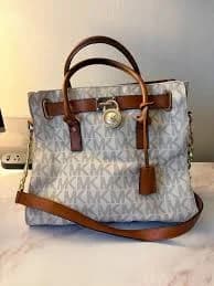 Michael Kors Large Hamilton Satchel In Signature Logo Vanilla/Luggage Color