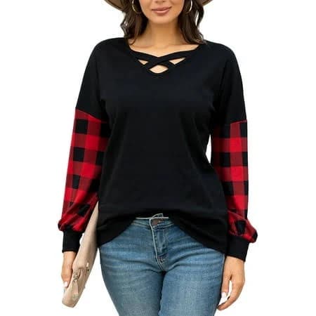 Calipessa Women's Buffalo Plaid Color Block Tunic Shirt