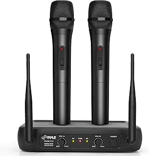 Pyle Channel Microphone System-VHF Fixed Dual Frequency Wireless Set with 2 Handheld Dynamic Transmitter Mics, Receiver Base-for PA, Karaoke, Dj Party (PDWM2135) , Black