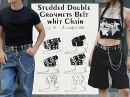 SUOSDEY Double Grommet Leather Belt with Detachable Chain for Women Men,Punk Black Belt with Double Studded Holes for Jeans at Amazon Men's Clothing store