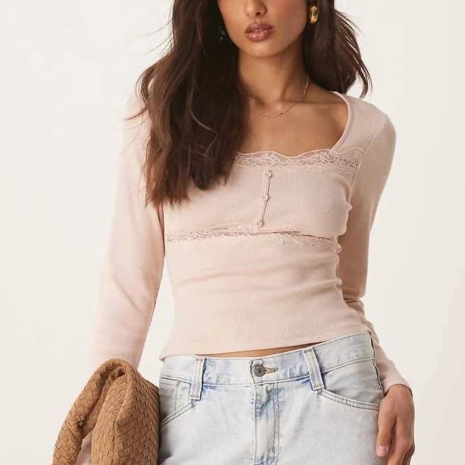 ASOS Ribbed Lace Long Sleeve Top