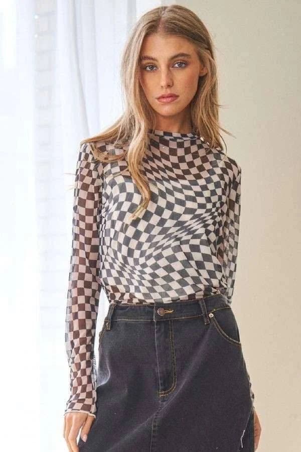 Checker Board Printed Mesh Long Sleeve Top