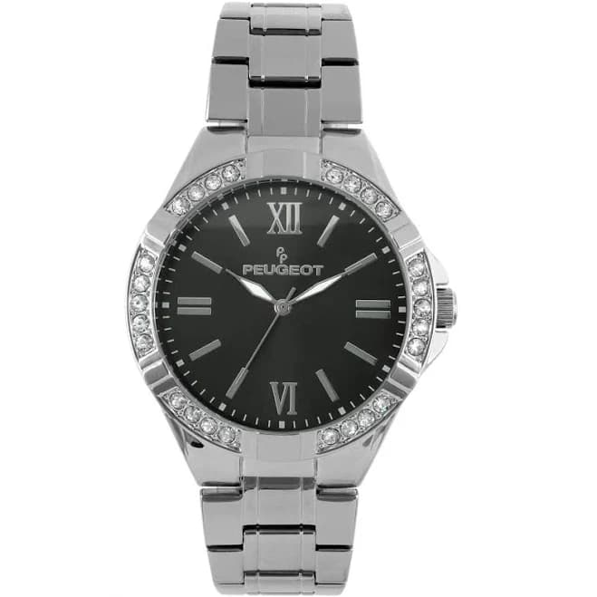 Peugeot Crystal-Accent Round Silver-Tone Watch