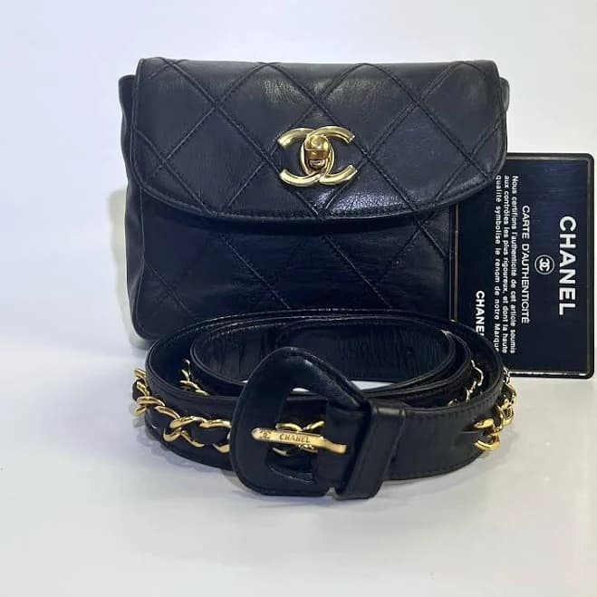 Chanel Belt Bag Black Quilted Leather Gold Turnlock Cc Logo Chain