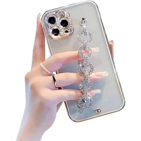 Bling Chain Bracelets Phone Case Compatible with iPhone 13 Pro Max 6.7 inch,Clear Cute Women Case with Glitter Sparkle Diamond Hand Strap Plating Gold
