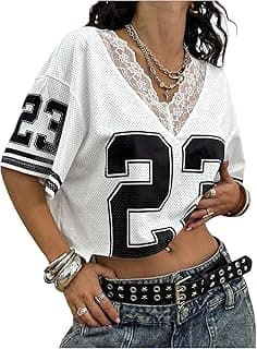 Women's Y2k Jersey Shirt Lace Mesh Number Graphic Tees V Neck Half Sleeve Summer Crop Tops Streetwear