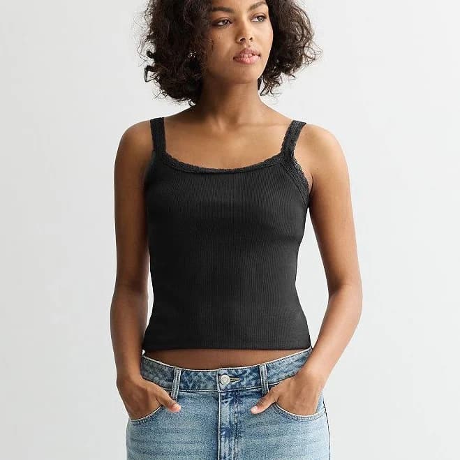 Juniors' SO Lace Trim Cami, Girl's, Size: XL, Black Luxe