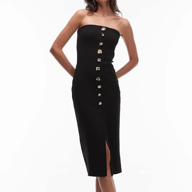 MANGO Women's Strapless Bandeau Midi Dress with Jewel Buttons