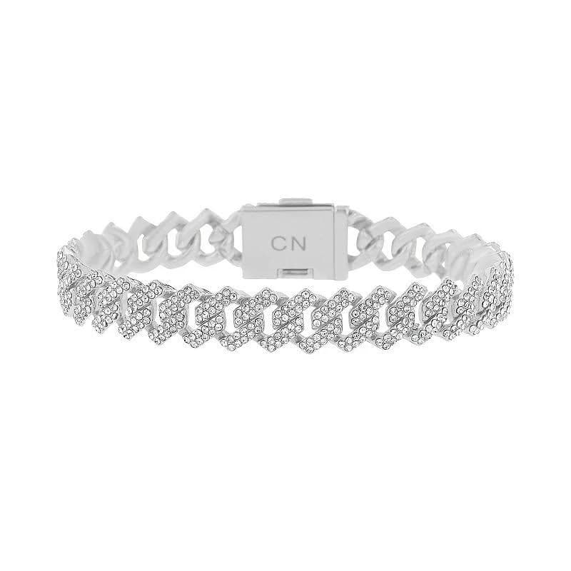 Men's KIRO Silver Tone Curb Chain Crystal Bracelet