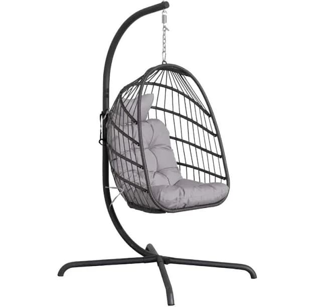 FINCATI Foldable 350 lbs. 1-Person Gray Wicker Porch Swing Egg Chair with Stand and Light