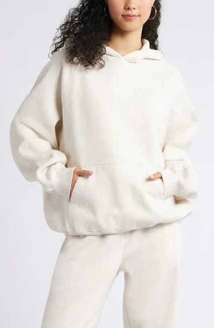 BP. Fleece Detail Oversize Raglan Hoodie in Beige Oatmeal Light Heather at Nordstrom, Size X-Small