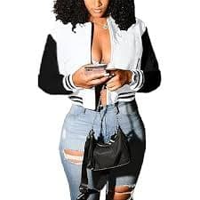 THLAI Women's Varsity Jacket, Black, Small, Short Length, Button Down, Letter Embroidery, Crop Baseball Outwear at Amazon Women's Coats Shop