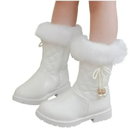 Chenyee Girls Fluffy Mid Calf Boots Comfortable Fleece Lined Non Slip Snow Booties Winter Waterproof Princess Shoes