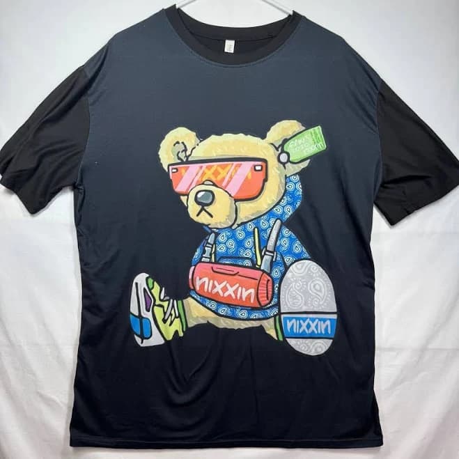Nixxin Black Teddy Bear Graphic Print Crew Neck Short Sleeve T-shirt