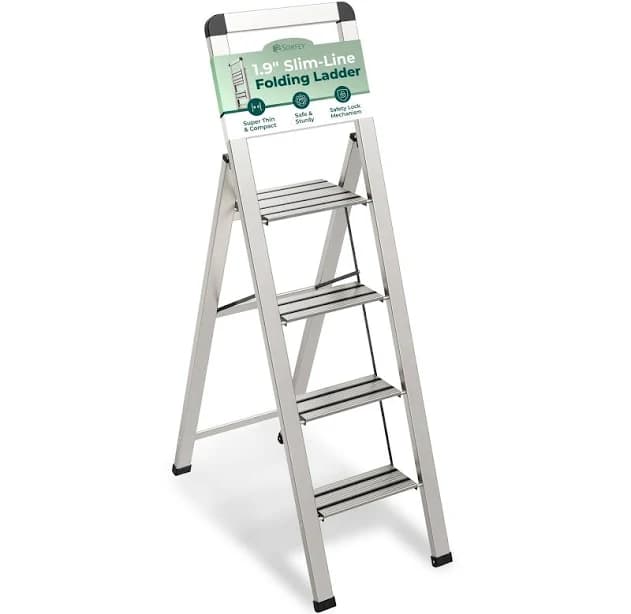 Sorfey Step Ladder 4 Step Folding Decorative Modern Beautiful Silver Aluminum,Lock Mechanism