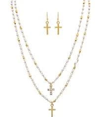 Gold Faux Pearl Cross Charm Layered Necklace Set