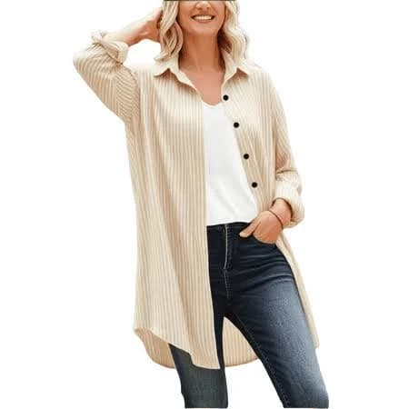 Breezora Women's Classic Striped Linen Blend Long Sleeve Shirt with Pocket